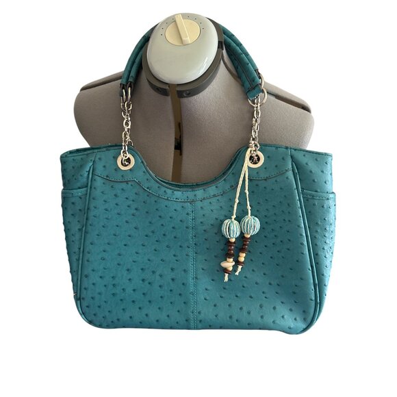 Teal Simulated Ostrich Faux Leather Shoulder Bag With Chain Handles - Picture 6 of 13